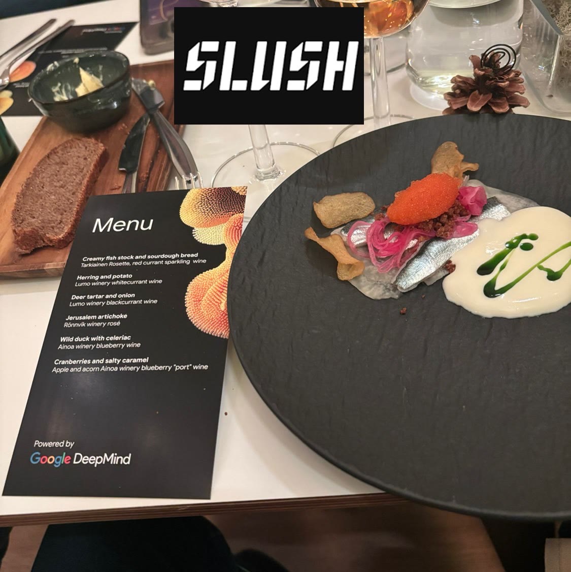 The Google DeepMind dinner menu and a plated dish with a Slush graphic.