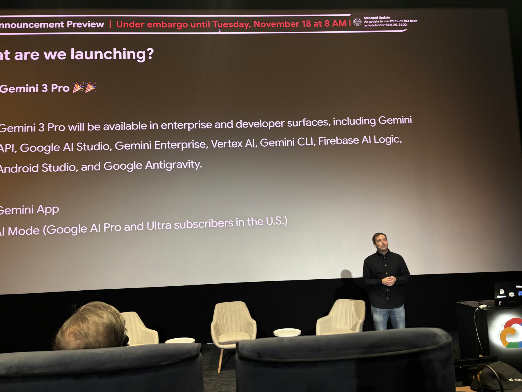 The Gemini 3 Pro launch slide and developer tools at the Slush-week event.