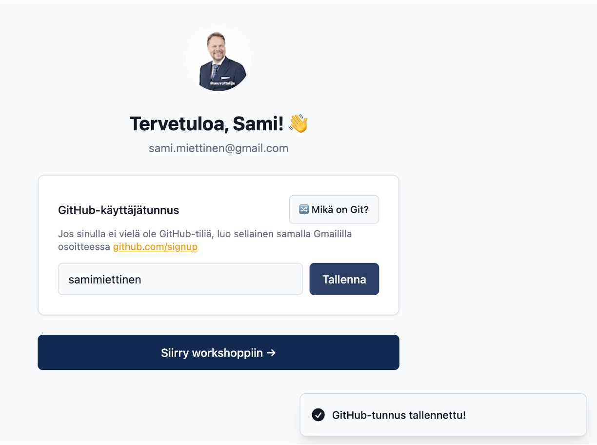 Workshop onboarding screen showing Sami Miettinen's Gmail address and saved GitHub username