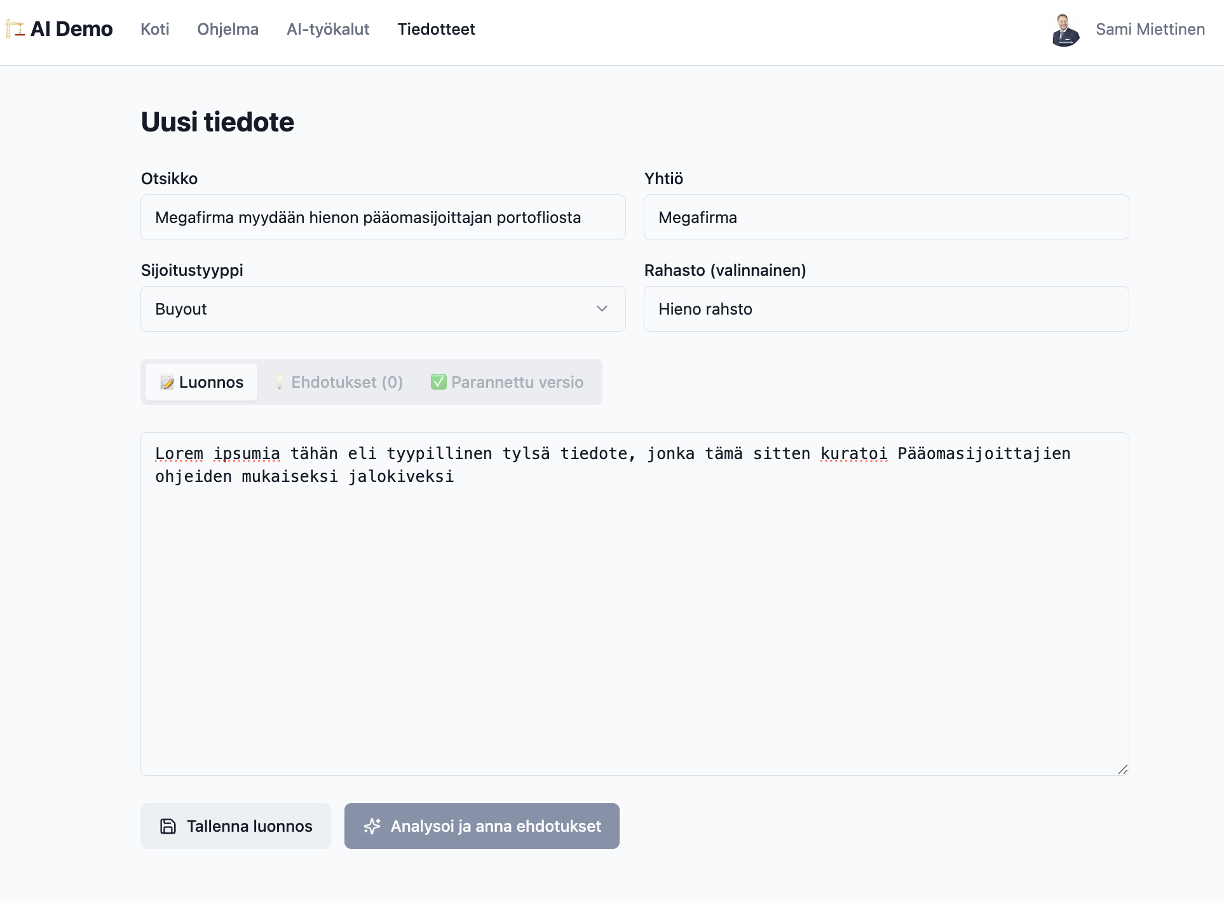 Workshop press-release tool with a fictional Megafirma draft and controls for suggestions and an improved version