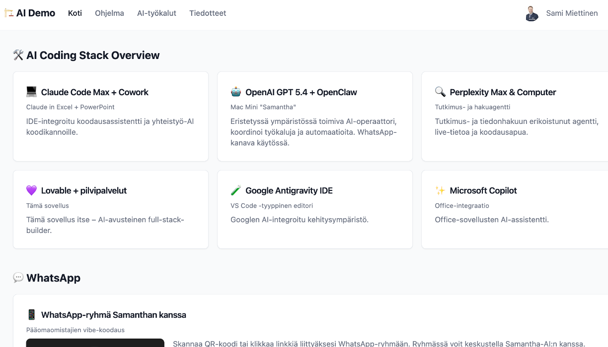 Workshop tool overview with Claude, OpenClaw, Lovable and the Samantha WhatsApp group
