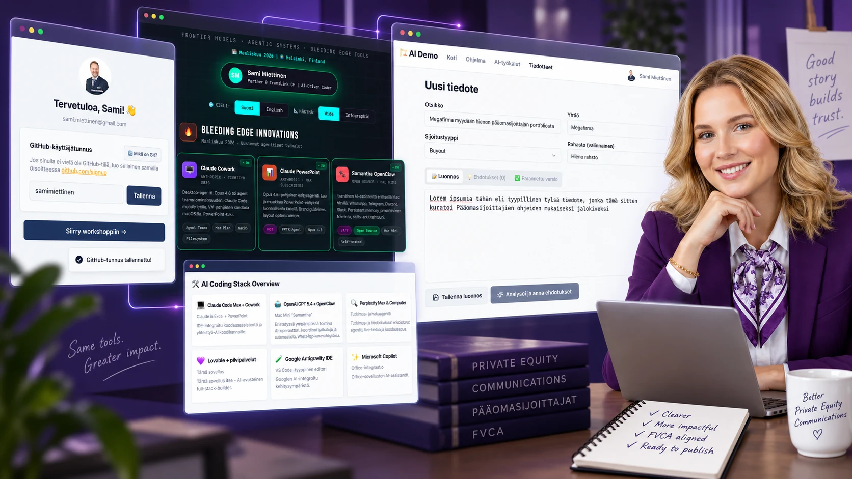 Workshop collage: GitHub onboarding, the March 2026 AI stack, a private-equity press-release workflow and Samantha at her laptop